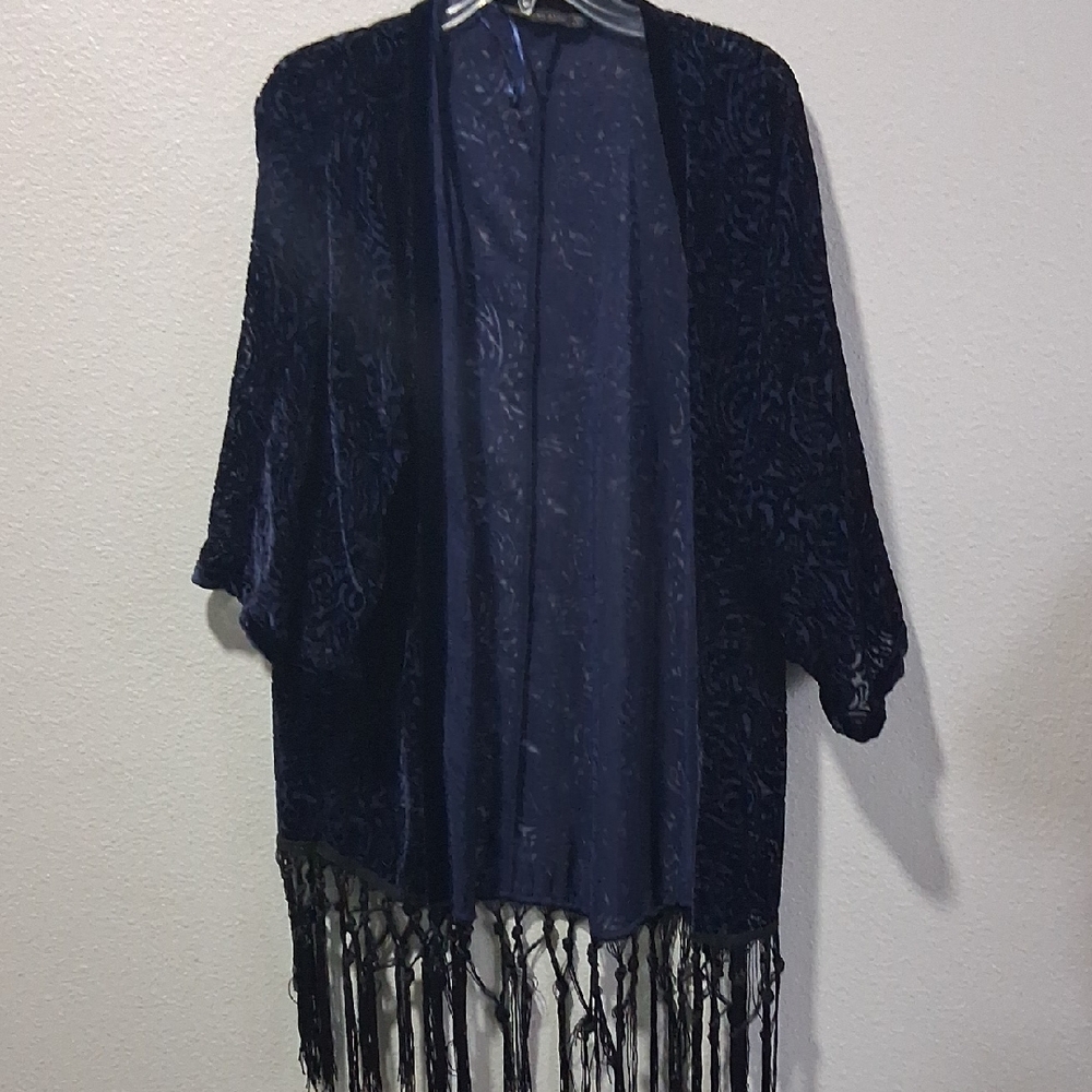 Zara Velvet Dark Blue Fringe Cape